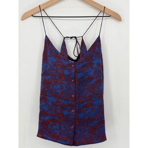 Metiseko 100% Natural Silk Camisole Top Size Large Blue Red Abstract Wave Button